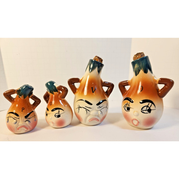 Vtg Japan Onion Anthropomorphic 4 pc Cruet Set Oil/ Vinger, Salt & Pepper Shaker - Picture 7 of 13